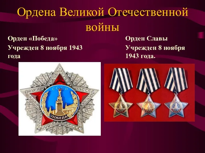 Ордена Великой Отечественной войны Орден «Победа» Учрежден 8 ноября 1943