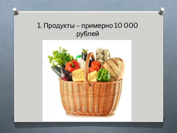 1. Продукты – примерно 10 000 рублей