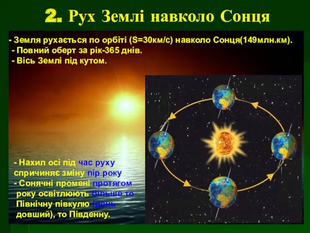 2. Рух Землі навколо Сонця Земля рухається по орбіті (S=30км/с) навколо Сонця(149млн.км). -