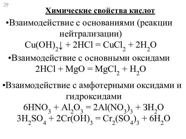 Химические свойства кислот Взаимодействие с основаниями (реакции нейтрализации) Cu(OH)2↓ +