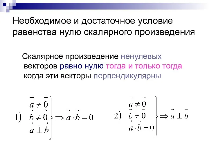 Необходимое и достаточное условие равенства нулю скалярного произведения Скалярное произведение