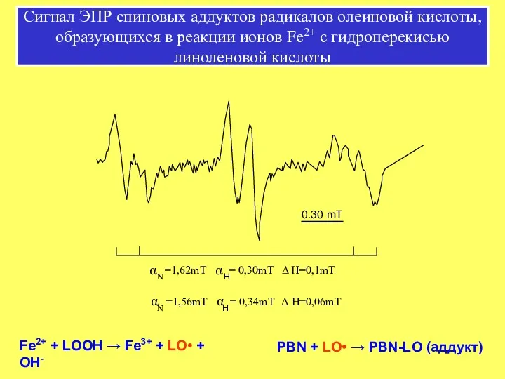 Сигнал ЭПР спиновых аддуктов радикалов олеиновой кислоты, образующихся в реакции