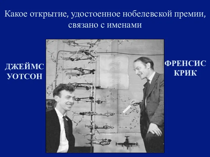 Какое открытие, удостоенное нобелевской премии, связано с именами ДЖЕЙМС УОТСОН ФРЕНСИС КРИК