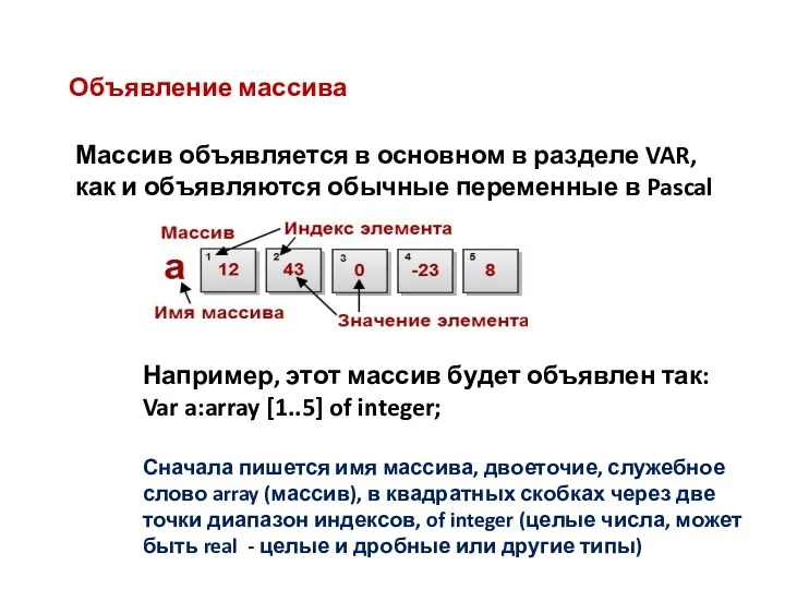 Объявление массива Массив объявляется в основном в разделе VAR, как