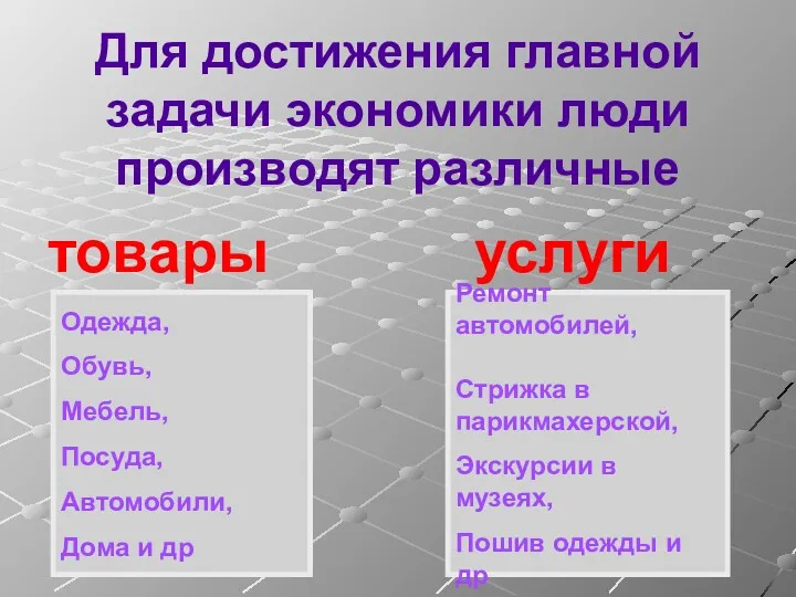 Для достижения главной задачи экономики люди производят различные товары услуги