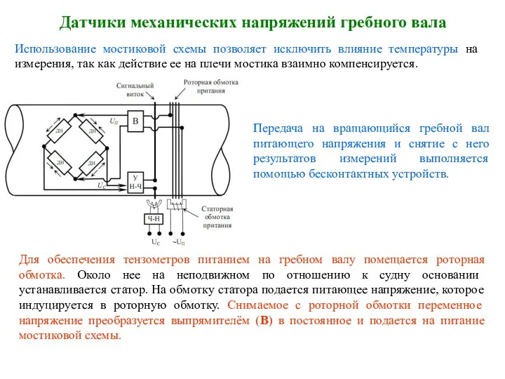 Датчики механических напряжений гребного вала Использование мостиковой схемы позволяет исключить