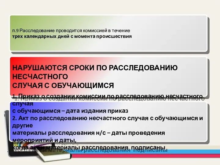 п.9 Расследование проводится комиссией в течение трех календарных дней с