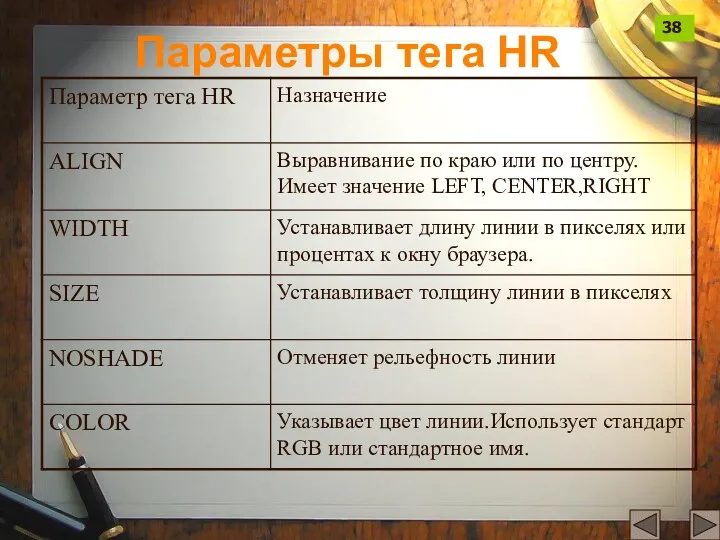 Параметры тега HR 38