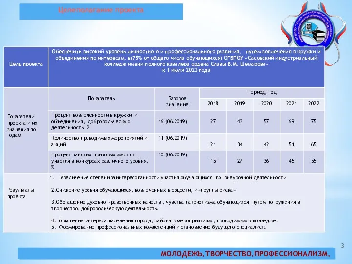 Целеполагание проекта МОЛОДЕЖЬ.ТВОРЧЕСТВО.ПРОФЕССИОНАЛИЗМ.