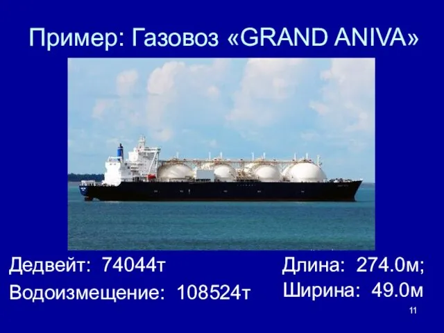 Пример: Газовоз «GRAND ANIVA» Дедвейт: 74044т Водоизмещение: 108524т Длина: 274.0м; Ширина: 49.0м