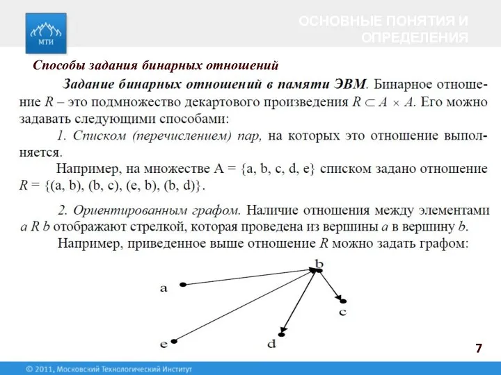 7 Способы задания бинарных отношений ОСНОВНЫЕ ПОНЯТИЯ И ОПРЕДЕЛЕНИЯ