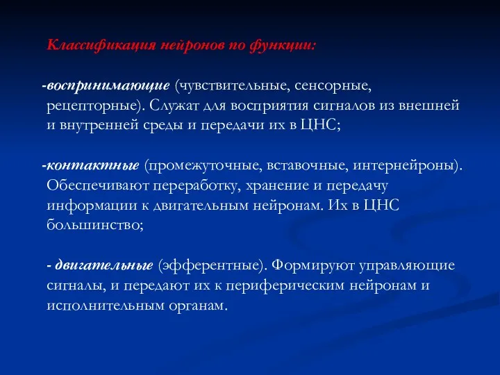 Классификация нейронов по функции: воспринимающие (чувствительные, сенсорные, рецепторные). Служат для