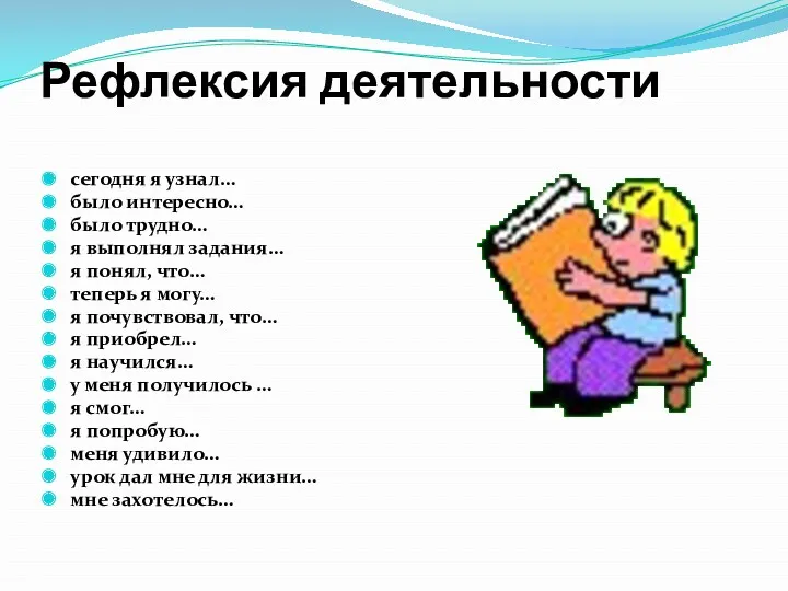 Рефлексия деятельности сегодня я узнал… было интересно… было трудно… я