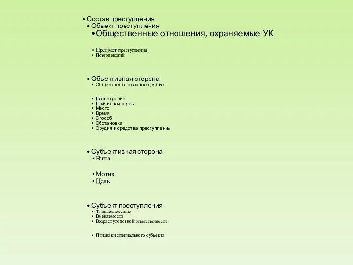 Состав преступления Объект преступления Общественные отношения, охраняемые УК Предмет преступления Потерпевший Объективная сторона