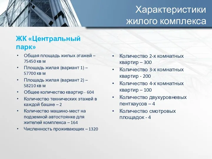 Характеристики жилого комплекса ЖК «Центральный парк» Общая площадь жилых этажей