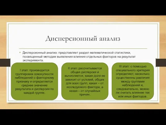 Дисперсионный анализ Дисперсионный анализ: представляет раздел математической статистики, посвященный методам