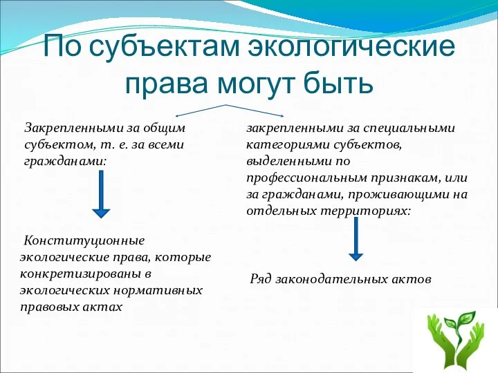 По субъектам экологические права могут быть Закрепленными за общим субъектом,