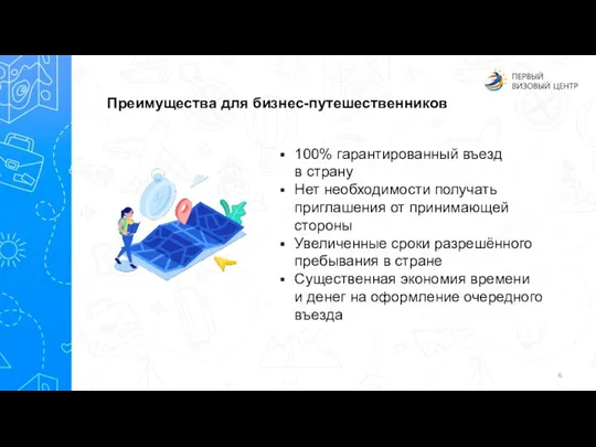 Преимущества для бизнес-путешественников 100% гарантированный въезд в страну Нет необходимости