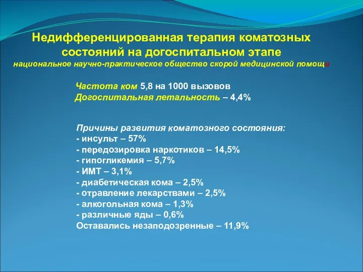 Недифференцированная терапия коматозных состояний на догоспитальном этапе национальное научно-практическое общество