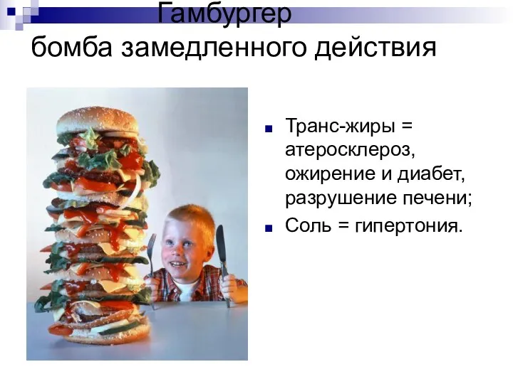 Гамбургер бомба замедленного действия Транс-жиры = атеросклероз, ожирение и диабет, разрушение печени; Соль = гипертония.