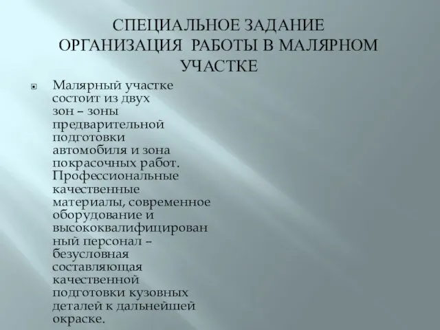 СПЕЦИАЛЬНОЕ ЗАДАНИЕ ОРГАНИЗАЦИЯ РАБОТЫ В МАЛЯРНОМ УЧАСТКЕ Малярный участке состоит из двух зон