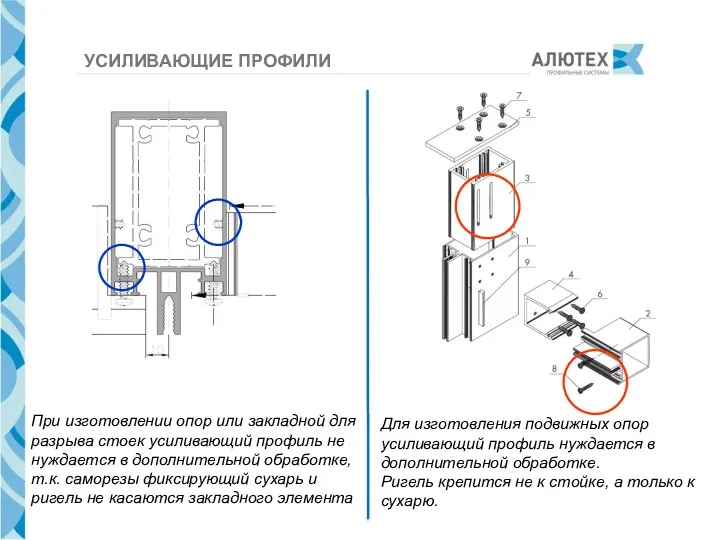 При изготовлении опор или закладной для разрыва стоек усиливающий профиль