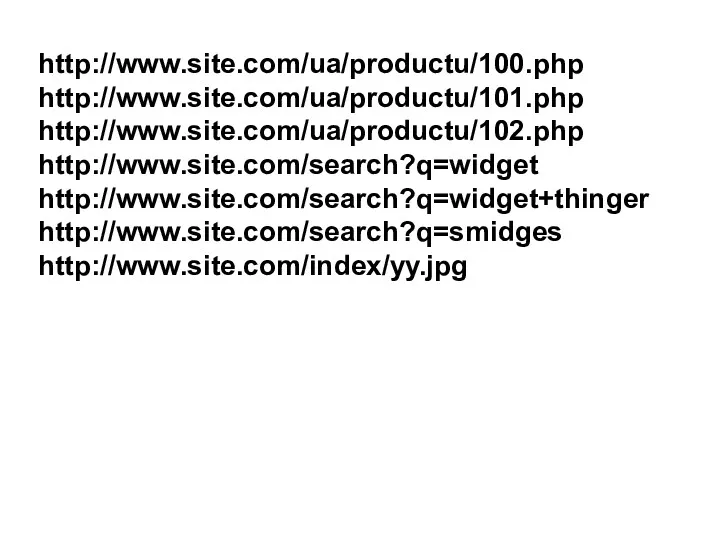 http://www.site.com/ua/productu/100.php http://www.site.com/ua/productu/101.php http://www.site.com/ua/productu/102.php http://www.site.com/search?q=widget http://www.site.com/search?q=widget+thinger http://www.site.com/search?q=smidges http://www.site.com/index/yy.jpg