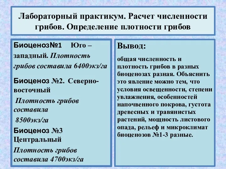 Лабораторный практикум. Расчет численности грибов. Определение плотности грибов Биоценоз№1 Юго