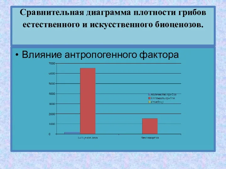 Сравнительная диаграмма плотности грибов естественного и искусственного биоценозов. Влияние антропогенного фактора