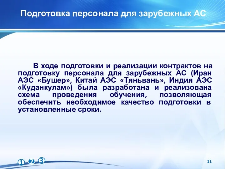 Подготовка персонала для зарубежных АС В ходе подготовки и реализации