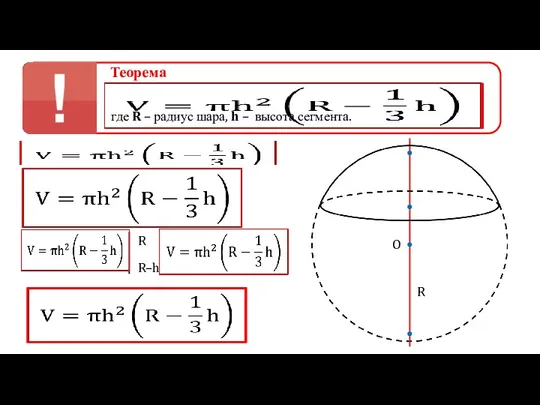 Теорема где R – радиус шара, h – высота сегмента. R O R R–h