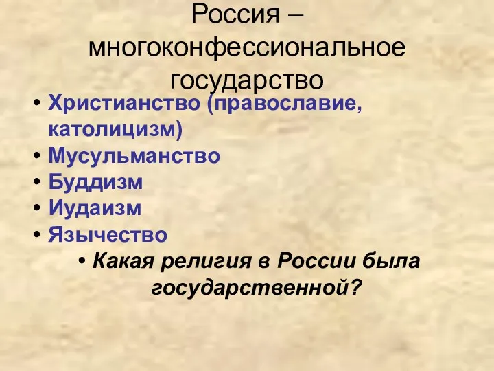 Россия – многоконфессиональное государство Христианство (православие, католицизм) Мусульманство Буддизм Иудаизм