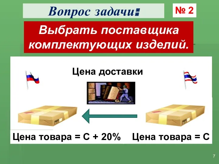 Вопрос задачи: № 2 Выбрать поставщика комплектующих изделий. Цена товара