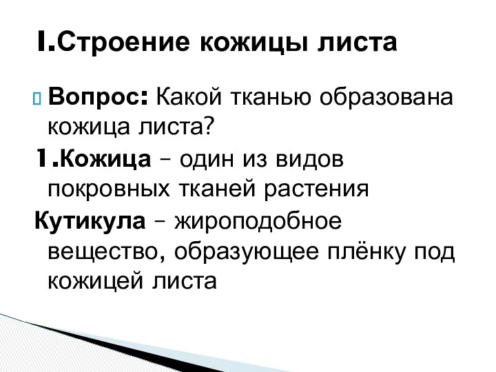 Вопрос: Какой тканью образована кожица листа? 1.Кожица – один из