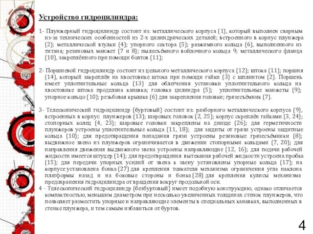 Устройство гидроцилиндра: 1- Плунжерный гидроцилиндр состоит из: металлического корпуса (1),