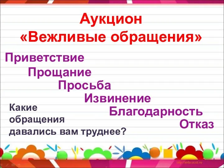 Приветствие Прощание Просьба Благодарность Извинение Отказ Аукцион «Вежливые обращения» Какие обращения давались вам труднее?