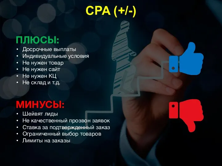 CPA (+/-) ПЛЮСЫ: Досрочные выплаты Индивидуальные условия Не нужен товар