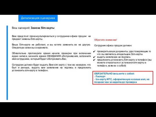 Детализация сценариев Ваш сценарий: Замена Sim-карты Обратите внимание! Сотрудник офиса