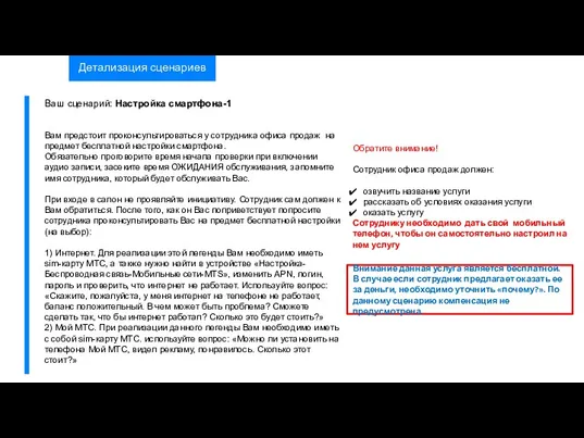 Детализация сценариев Ваш сценарий: Настройка смартфона-1 Обратите внимание! Сотрудник офиса