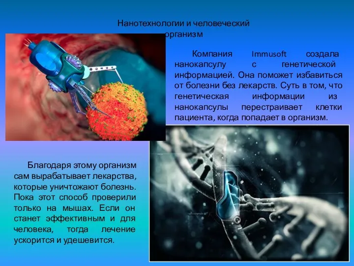 Нанотехнологии и человеческий организм Компания Immusoft создала нанокапсулу с генетической