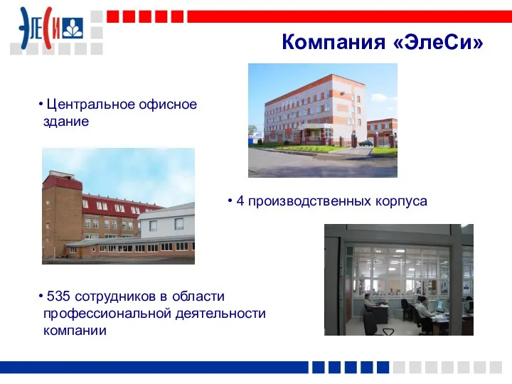 Компания «ЭлеСи» 535 сотрудников в области профессиональной деятельности компании Центральное офисное здание 4 производственных корпуса