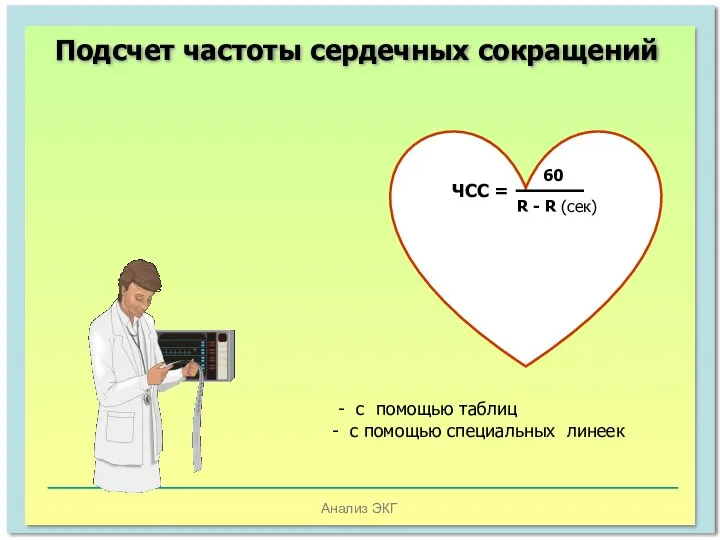 Анализ ЭКГ Подсчет частоты сердечных сокращений ЧСС = 60 R