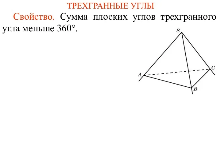 ТРЕХГРАННЫЕ УГЛЫ Свойство. Сумма плоских углов трехгранного угла меньше 360°.