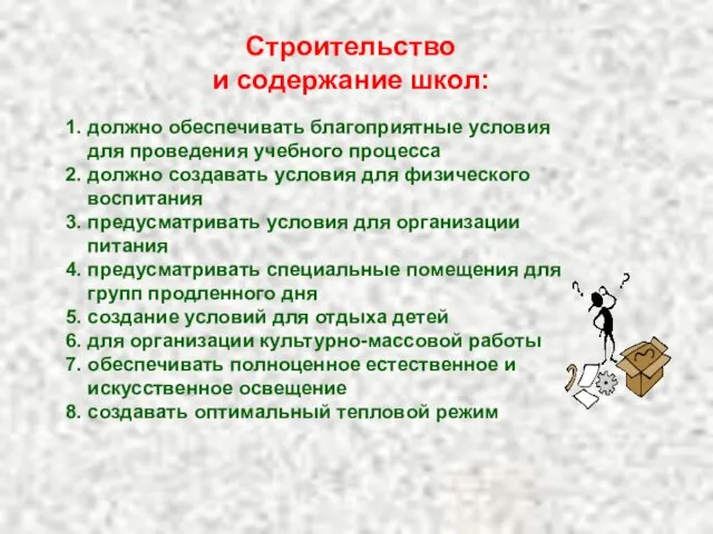 1. должно обеспечивать благоприятные условия для проведения учебного процесса 2.