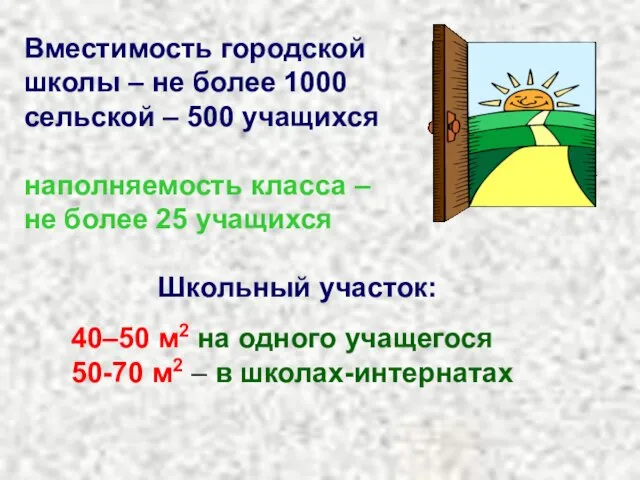 Вместимость городской школы – не более 1000 сельской – 500