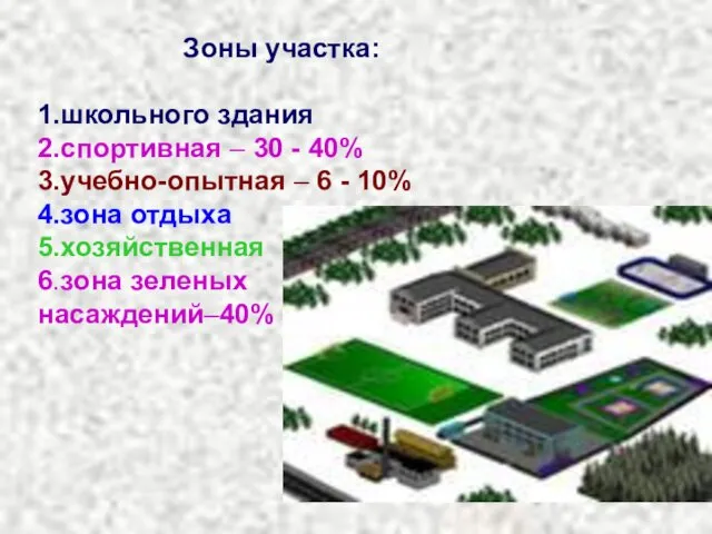 Зоны участка: 1.школьного здания 2.спортивная – 30 - 40% 3.учебно-опытная