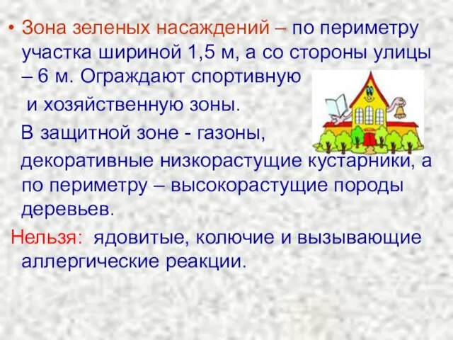 Зона зеленых насаждений – по периметру участка шириной 1,5 м,