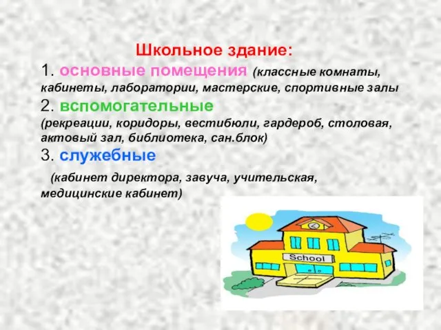 Школьное здание: 1. основные помещения (классные комнаты, кабинеты, лаборатории, мастерские,