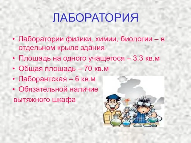 ЛАБОРАТОРИЯ Лаборатории физики, химии, биологии – в отдельном крыле здания