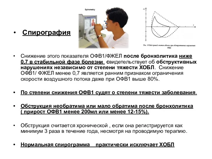 Спирография Снижение этого показателя ОФВ1/ФЖЕЛ после бронхолитика ниже 0,7 в